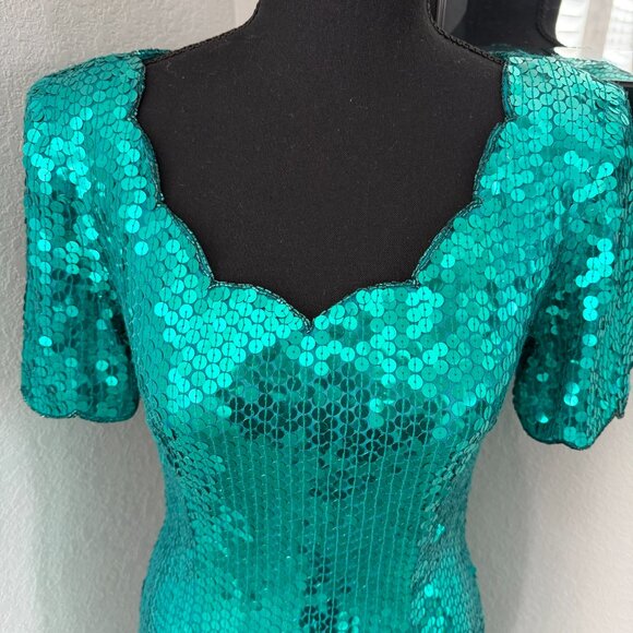 VINTAGE 80s Emerald Green Niteline Della Roufogali Sequin Cocktail Dress Sz 4 - Picture 6 of 15